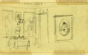 Room interior in Abraham Lincoln's home, Springfield, Illinois, 1865 May, drawing on cream paper