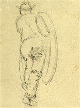 Full length rear view of man, between 1860 and 1865, drawing on white paper pencil, 9.2 x 6.6 cm.