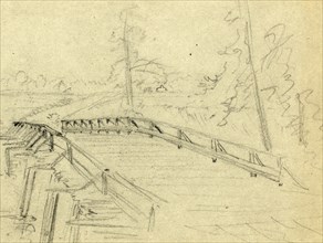 A bridge across a river, between 1860 and 1865, drawing on blue-grey paper pencil, 11.4 x 15.0 cm.
