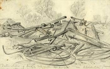 Destruction of bridge telegraph tanks Etc. in Warrenton Junction, 1863 ca August, drawing,