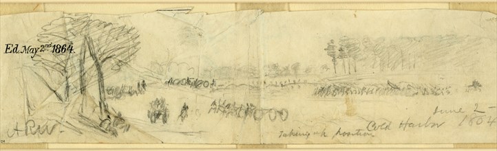 Taking up position, Cold Harbor, June 2, 1864, drawing, 1862-1865, by Alfred R Waud, 1828-1891, an
