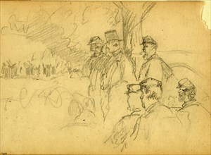 Officers and gentlemen watching a ceremony from a tree, 1861-1865, drawing, 1862-1865, by Alfred R