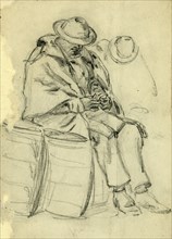 Figure wrapped in blanket sitting on a barrel and reading, 1860-1865, drawing, 1862-1865, by Alfred