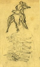 Two sketches: officer on horse and marching figures with rifles, between 1860 and 1865, drawing on