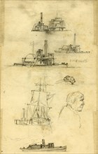Broadside and bow views of eight ships and boats, and an unidentified profile bust portrait,