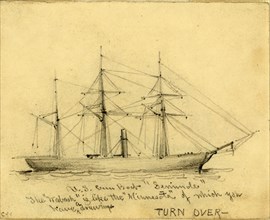 U.S. Gun Boat Seminole, between 1860 and 1865, drawing on cream paper pencil, 8.3 x 10.4 cm.