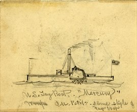 U.S. Tug Boat Mercury, between 1860 and 1865, drawing on cream paper pencil, 8.3 x 10.4 cm.