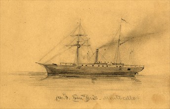 U.S. Gun Boat Montecello, between 1860 and 1865, drawing on tan paper pencil, 8.5 x 13.7 cm.