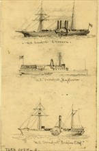 Broadside views of three sidewheel steamships: U.S. Transport Ericcson, U.S. Transport Mayflower,