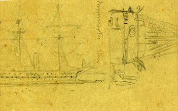 Broadside and stern views of steamship Minnesota, between 1860 and 1865, drawing on olive paper