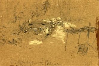 A settlers hut on the Red river, between ca. 1863 and 1864, drawing on brown paper pencil and