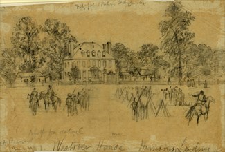 Fitz-John Porter's Hdquarters, 1862 July, drawing on tan tissue mounted on white card pencil, 19.4