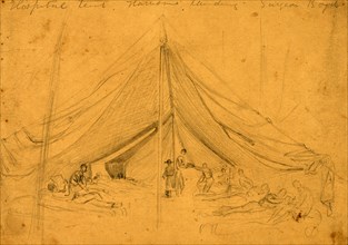 Hospital tent, Harrisons landing, Surgeon Boyd, 1862, drawing on tan paper pencil, 18.2 x 26.5 cm.