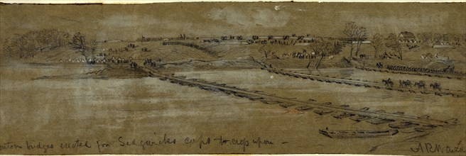 Pontoon bridges erected for Sedgwicks corps to cross upon, 1863, drawing on olive paper pencil and