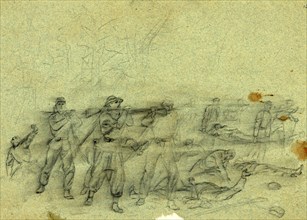 Wounded being carried away, 1864 May 6, drawing on olive paper pencil, 17.4 x 25.1 cm. (sheet),