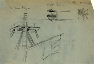 Three details of ship design, between 1860 and 1865, drawing on blue paper pencil, 13.6 x 20.6 cm.