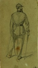 Single figure in uniform, seen from the rear, between 1860 and 1865, drawing on olive paper pencil,
