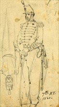 Sketches of soldiers wearing the 7th New York Cavalry regiment uniform, 1861, drawing on cream