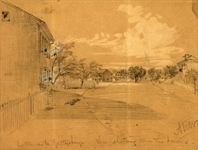 Entrance to Gettysburg, sharpshooting from the houses, 1863 July, drawing on light brown paper,