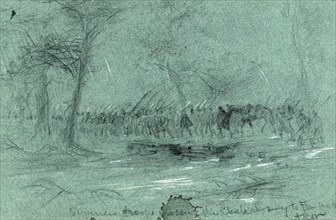 Sumners troops crossing the Chickahominy to Fair Oaks, 1862 May 31, drawing on blue paper pencil