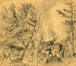 Building military bridges. Making charcoal for the army force, between 1860 and 1865, drawing on