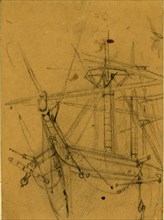 View of ships bow and rigging, between 1860 and 1865, drawing on brown paper pencil, 14.0 x 8.9 cm.
