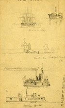 Views of ships and a mill, between 1860 and 1865, drawing on cream paper pencil, 17.5 x 10.3 cm.