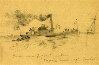 Quartermasters Tugboat Sykes, carrying mail off Mobile, between 1860 and 1865, drawing on tan paper