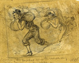 Carrying the powder down the covered way to the mine under fire, 1864 ca. July 30, drawing on green