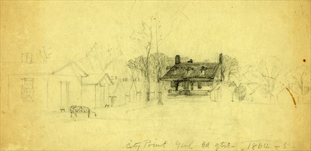 City Point Genl. Hd.qts, 1864-5, 1865, drawing on light olive paper pencil, 15.8 x 34.1 cm.