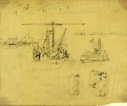 Five views of the Susquehannah and the Ceres, between 1860 and 1865, drawing on cream paper pencil,