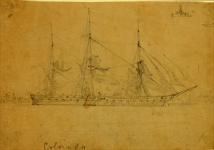 Colorado, Broadside view of ship, outline of port in background, 1860-1865, drawing, 1862-1865, by