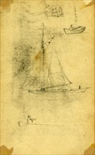Small sailboat and rowboats, between 1860 and 1865, drawing on cream paper pencil, 10.3 x 18.1 cm.