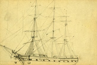 Sailing ship with three masts, 1860-1865, drawing, 1862-1865, by Alfred R Waud, 1828-1891, an
