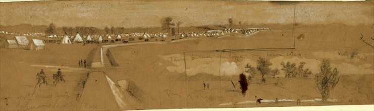 Camp of 1st Mass. Arty, Harrisons landing, 1862 July, drawing on tan paper pencil and Chinese