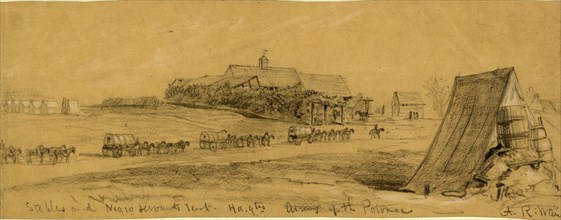 Stables and Negro servants tent, hd.qtrs Army of the Potomac, 1863 ca. March, drawing on tan paper