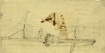 Steamship with sidewheel and two masts, between 1860 and 1865, drawing on cream lined paper pencil,