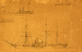 Five broadside views of steamships and a sailboat, between 1860 and 1865, drawing on brown paper