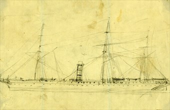 Steamship with three masts, between 1860 and 1865, drawing on cream paper pencil, 12.2 x 20.2 cm.
