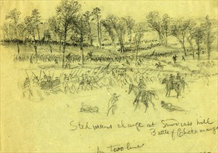 Steedmans charge at Snodgrass hill, Battle of Chickamauga, 1863 September 19-20, drawing on green