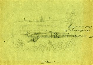 Soldier standing in a rifle pit covered by a canopy, 1865 ca. April, drawing on green paper pencil,