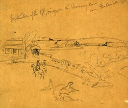 Destruction of the R.R. bridge, over the Monocacy River near Frederick, Md, 1864 July 9, drawing on