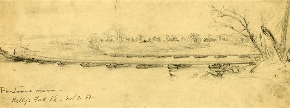 Pontoons near Kelly's Ford Va., 1863 November 7, drawing on cream paper pencil, 11.4 x 32.7 cm.