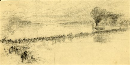 Cavalry riding across a pontoon bridge, 1860-1865, drawing, 1862-1865, by Alfred R Waud, 1828-1891,