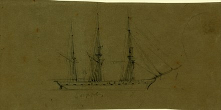 Supply, Broadside view of frigate, 1860-1865, drawing, 1862-1865, by Alfred R Waud, 1828-1891, an