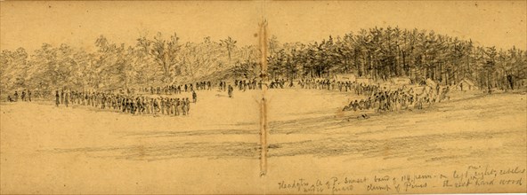 Headqtrs, A. of P. Sunset band of 114. Penn, on left, on right, rebels under guard, between 1860