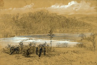 Taylor's Dam on the Rappahannock, between 1860 and 1865, drawing on tan paper pencil and Chinese