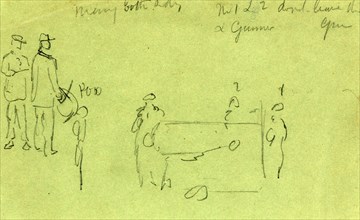 Artillery men, rough sketch of soldiers and cannon, 1860-1865, drawing, 1862-1865, by Alfred R