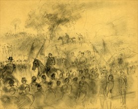 Farewell to the Army. Warrenton, 1862, 1862 November 10, drawing on tan paper pencil, 17.8 x 35.5
