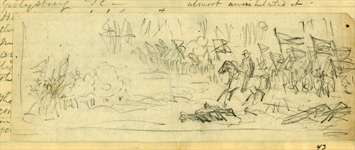 A Corps going into battle, possibly General Warren's V Corps at Mine Run, 1865?, drawing on white